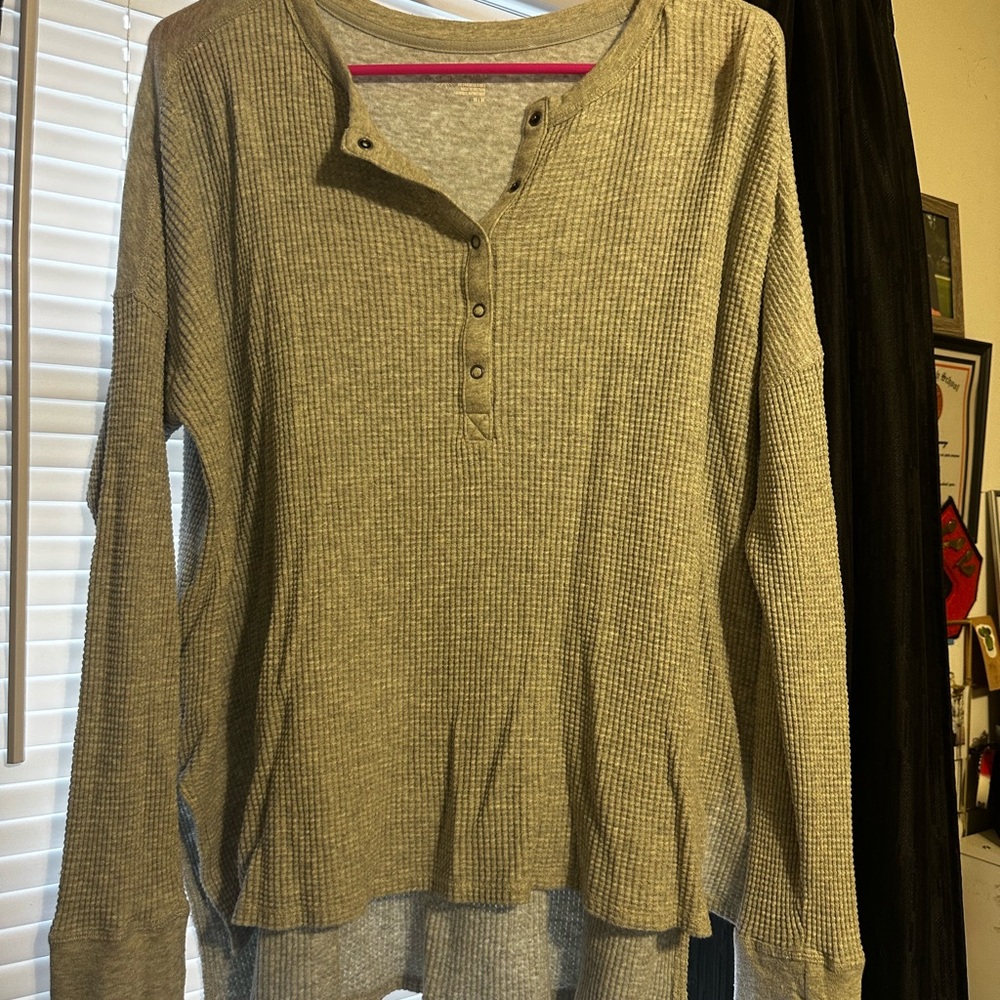 Aerie Gray Waffle Knit Henley Sweatshirt